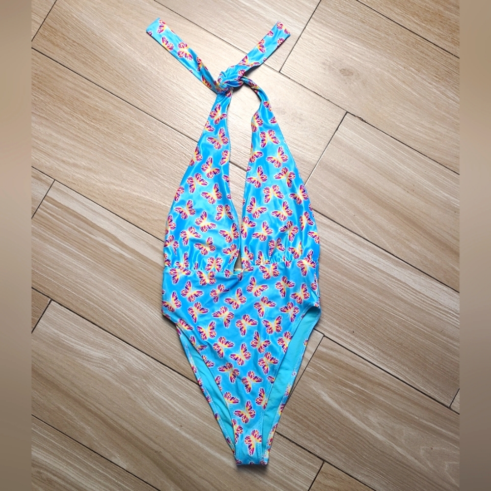 H&M WOMEN'S HALTER BATHING SUIT BUTTERFLY COLORFUL